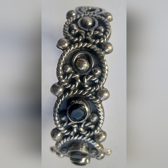 Southwest Mexico 925 Sterling Silver Onyx Cuff Vintage Bracelet - Picture 5 of 12